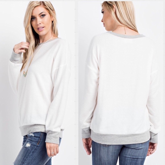 LAST LARGE Ivory Hacci Brushed Color Block Top. - Picture 2 of 5